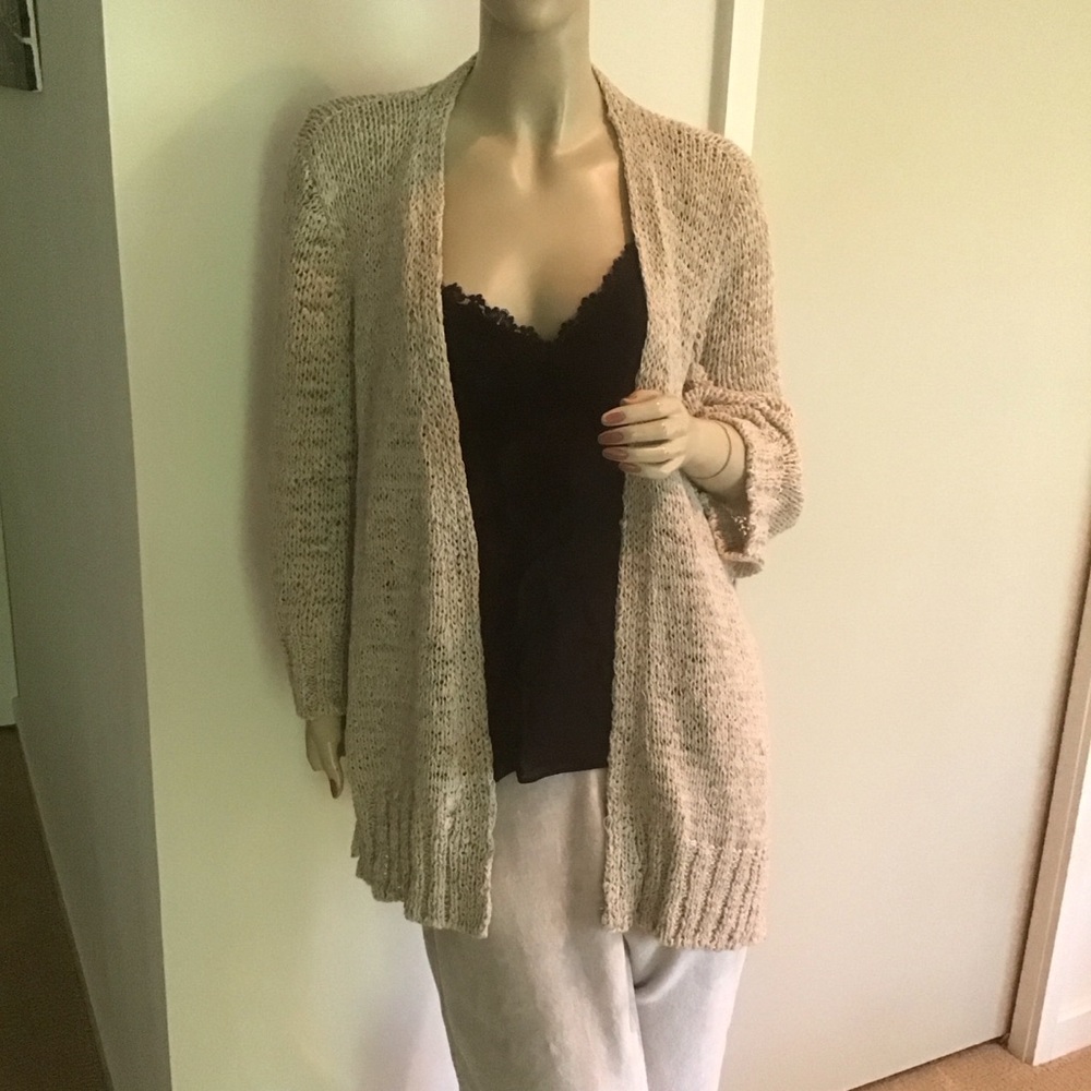 Eileen Fisher Rustic Twisted Tape Tan Brown Open Front Linen Cardigan Sweater L